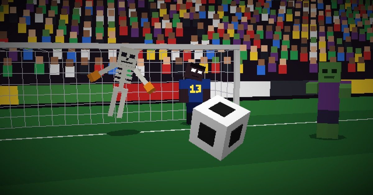 A skeleton goalkeeper dives as the ball flies towards a player in a number 13 shirt
